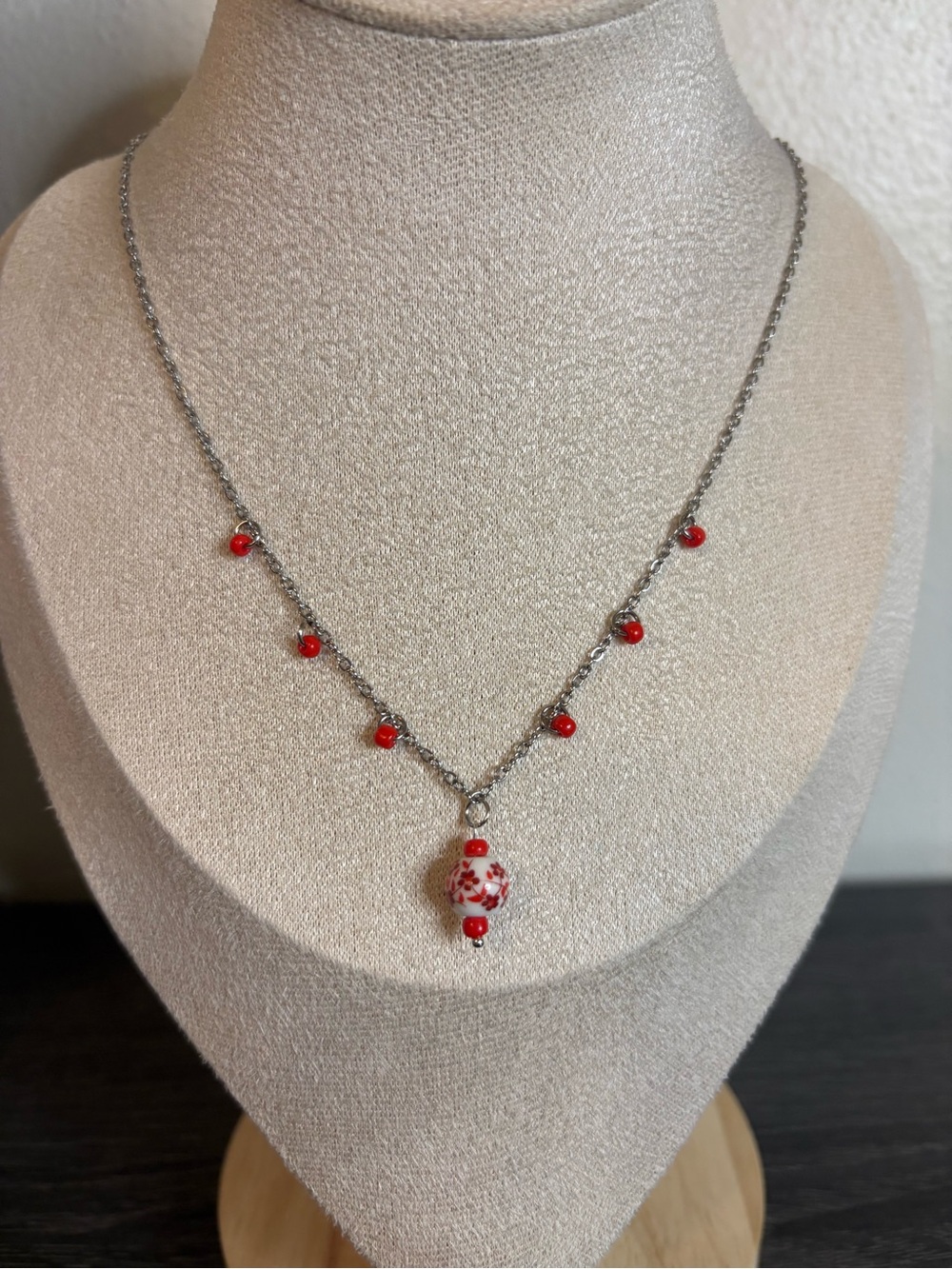 Handmade Red Floral Porcelain Charm Necklace | Waterproof & Tarnish Resistant